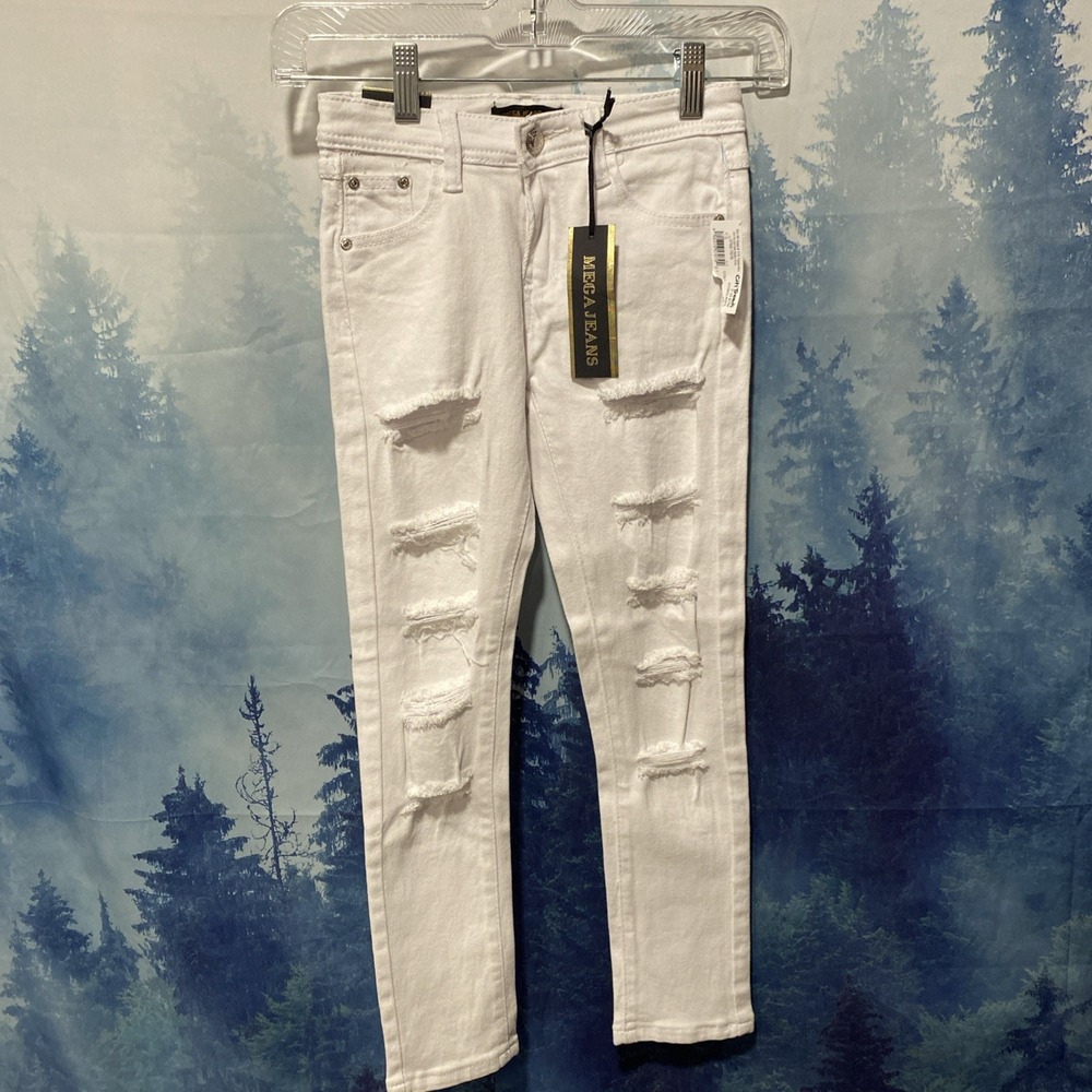 Mega Jeans Kids White Distressed Ripped Skinny Denim Pants Size 7 NWT